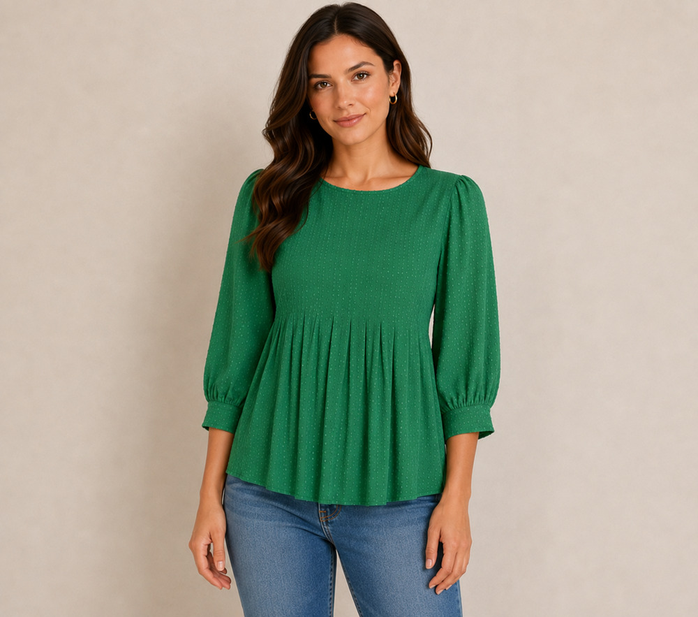 NWT Adrianna Papell Green Polka Dot Pleated Long Sleeve Women's Top Size M